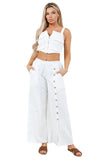Wide Leg Pants with Side Buttons and Elastic Back