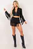 Fringed Skort Set with Zipper Jacket and Fringe Trim