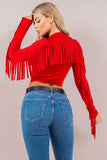 Long Sleeve Round Neck Stretch Crop Top with Fringe Back