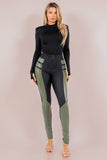Women's Stretch Pleather Color Block Leggings with Front Zipper and Back Pockets