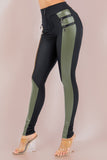 Women's Stretch Pleather Color Block Leggings with Front Zipper and Back Pockets