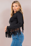 Long Sleeve Round Neck Stretch Crop Top with Fringe Back