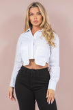 Front Cargo Pocket Long Sleeve Button-Down Cropped Blouse