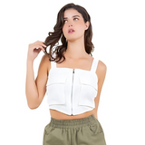 Linen Crop Top with Front Zipper, Cargo Pockets, and Elastic Back