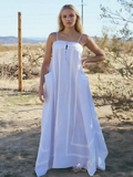 Striped Spaghetti Cross-Back Dress with Lace Detail and Front Pockets