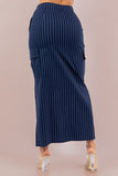 Striped Cargo Maxi Skirt with Front Slit, Side Pockets, and Front Zipper
