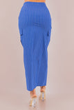 Striped Cargo Maxi Skirt with Front Slit, Side Pockets, and Front Zipper