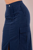 Striped Cargo Maxi Skirt with Front Slit, Side Pockets, and Front Zipper