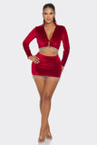 Velvet Skirt Set Long Sleeve Crop Top with Rhinestone Hem