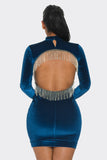 Velvet Long Sleeve Dress with High Neck and Rhinestone Embellished Open Back