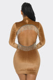 Velvet Long Sleeve Dress with High Neck and Rhinestone Embellished Open Back