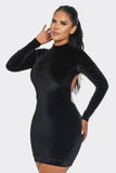 Velvet Long Sleeve Dress with High Neck and Rhinestone Embellished Open Back