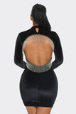 Velvet Long Sleeve Dress with High Neck and Rhinestone Embellished Open Back