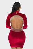 Velvet Long Sleeve Dress with High Neck and Rhinestone Embellished Open Back