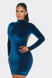 Velvet Long Sleeve Dress with High Neck and Rhinestone Embellished Open Back