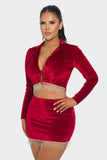 Velvet Skirt Set Long Sleeve Crop Top with Rhinestone Hem