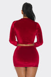 Velvet Skirt Set Long Sleeve Crop Top with Rhinestone Hem