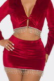 Velvet Skirt Set Long Sleeve Crop Top with Rhinestone Hem