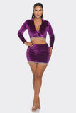 Velvet Skirt Set Long Sleeve Crop Top with Rhinestone Hem