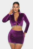 Velvet Skirt Set Long Sleeve Crop Top with Rhinestone Hem