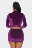 Velvet Skirt Set Long Sleeve Crop Top with Rhinestone Hem