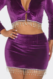 Velvet Skirt Set Long Sleeve Crop Top with Rhinestone Hem