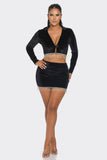 Velvet Skirt Set Long Sleeve Crop Top with Rhinestone Hem