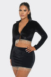 Velvet Skirt Set Long Sleeve Crop Top with Rhinestone Hem