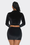 Velvet Skirt Set Long Sleeve Crop Top with Rhinestone Hem