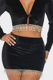 Velvet Skirt Set Long Sleeve Crop Top with Rhinestone Hem
