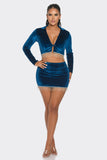 Velvet Skirt Set Long Sleeve Crop Top with Rhinestone Hem