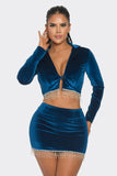Velvet Skirt Set Long Sleeve Crop Top with Rhinestone Hem