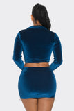 Velvet Skirt Set Long Sleeve Crop Top with Rhinestone Hem