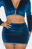 Velvet Skirt Set Long Sleeve Crop Top with Rhinestone Hem