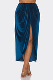Velvet Long Skirt With Asymmetrical Slit and Elastic Waist