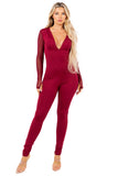 Women's Elegant Stretch Long Sleeve Jumpsuit with Sheer Mesh Details and Front Zipper V-Neck Design