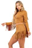 Fringed Skort Set with Zipper Jacket and Fringe Trim