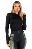 Mock Neck Open Back Bodysuit with Shoulder Pads