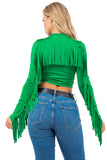 Long Sleeve Round Neck Stretch Crop Top with Fringe Back