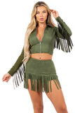 Fringed Skort Set with Zipper Jacket and Fringe Trim