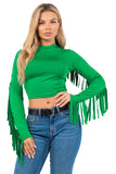 Long Sleeve Round Neck Stretch Crop Top with Fringe Back
