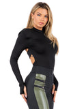 Mock Neck Open Back Bodysuit with Shoulder Pads