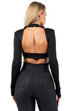 Mock Neck Open Back Bodysuit with Shoulder Pads