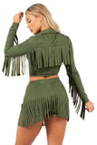 Fringed Skort Set with Zipper Jacket and Fringe Trim
