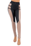 Women's Stretch Pleather Color Block Leggings with Front Zipper and Back Pockets