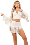 Fringed Skort Set with Zipper Jacket and Fringe Trim