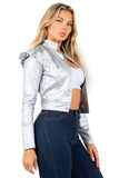 Women's Metallic Cropped Jacket with Ruffle Shoulder Detail and Long Sleeves