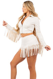 Fringed Skort Set with Zipper Jacket and Fringe Trim