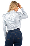 Women's Metallic Cropped Jacket with Ruffle Shoulder Detail and Long Sleeves