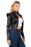 Women's Metallic Cropped Jacket with Ruffle Shoulder Detail and Long Sleeves
